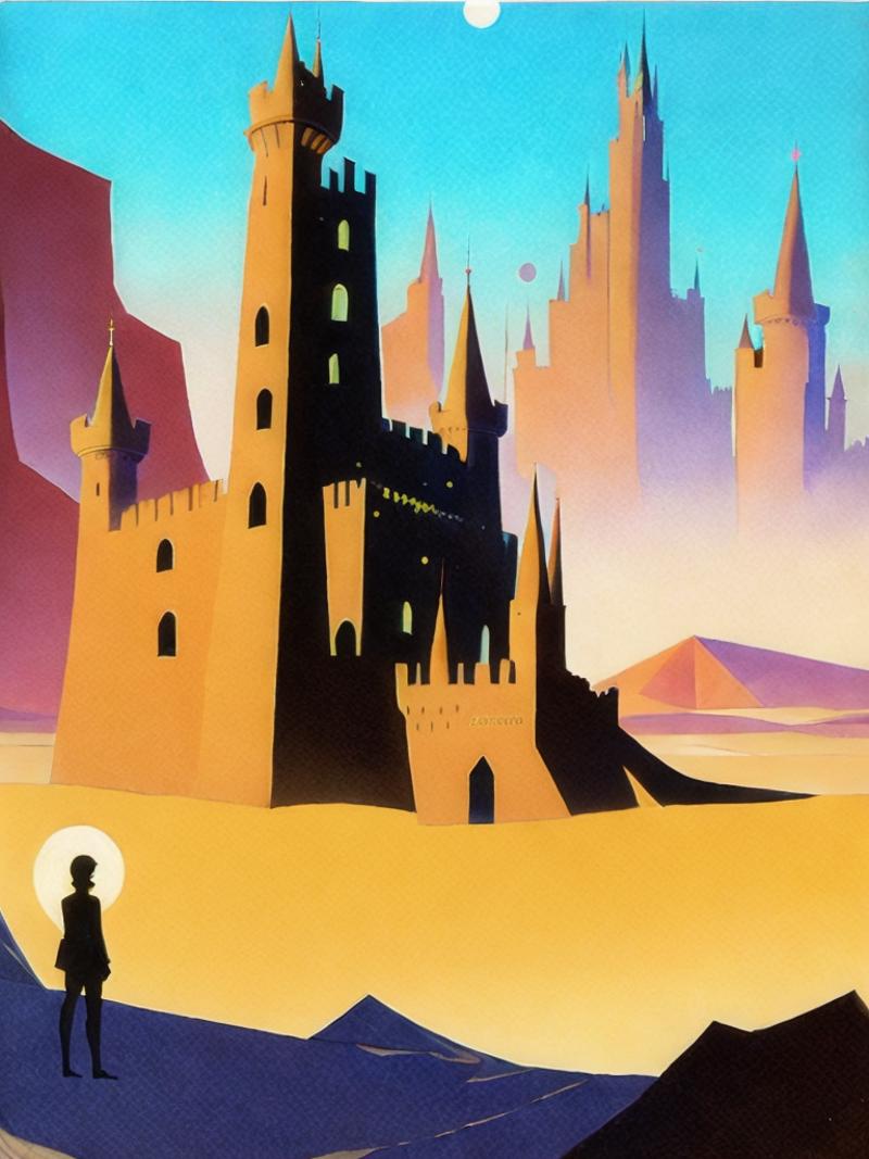 00789-1253061783-a painting of a castle in the middle of a desert with a person standing in front of it by Ralph Bakshi.png